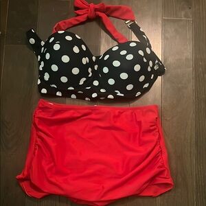 Polka Dot Bikini Top with Red Full Swim Bottom